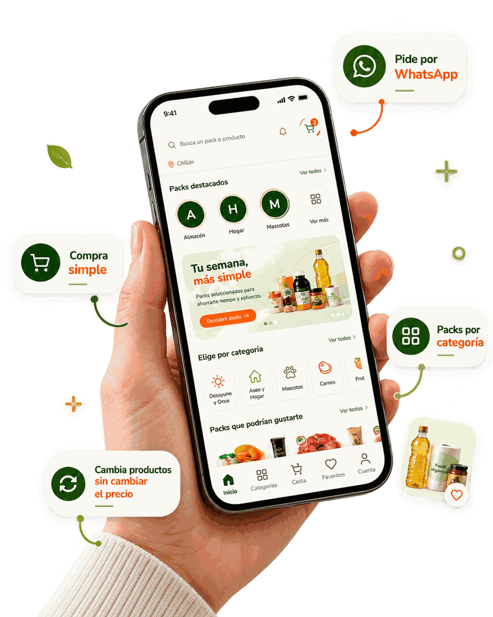La app de Packi en la mano: packs por categoría, compra simple, cambiar productos sin que cambie el precio y pedir por WhatsApp.