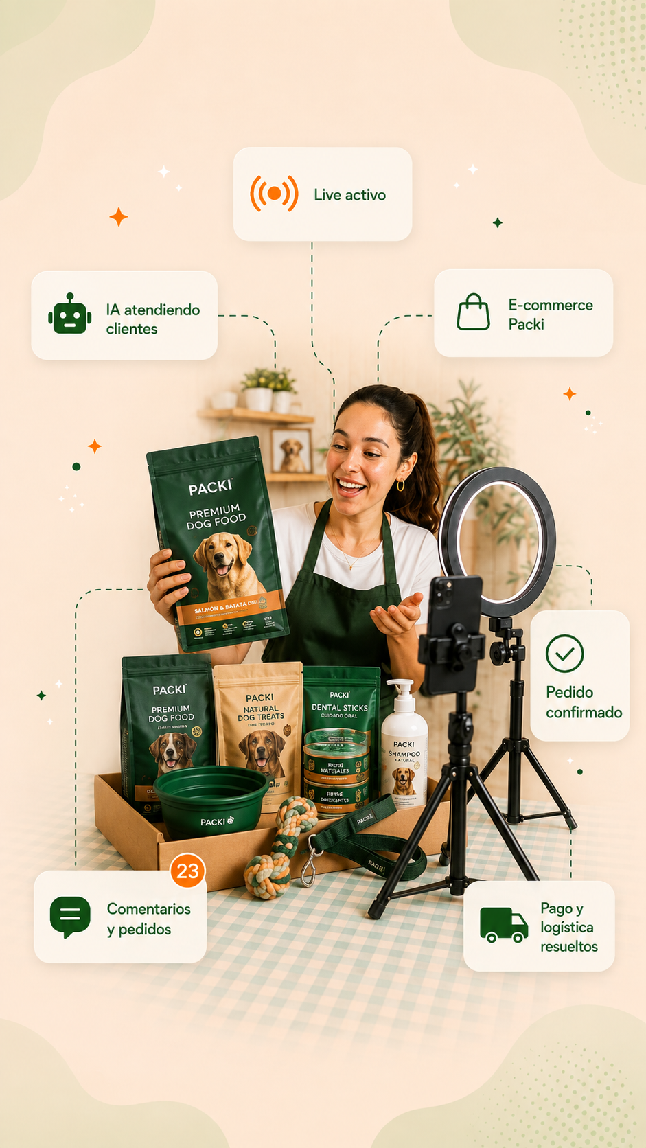 Vendiendo en vivo con Packi: live activo, IA atendiendo clientes, comentarios y pedidos, e-commerce Packi, pedido confirmado, y pago y logística resueltos.